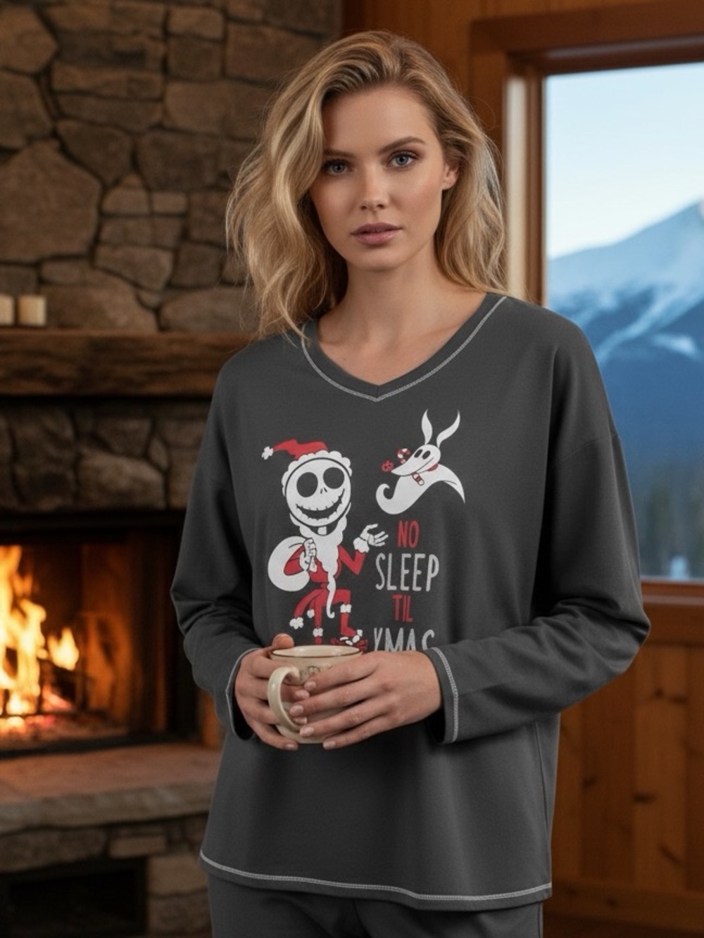 Women’s Dark Gray Holiday Sleep Top with Jack Skellington Graphic W:XS JRS:S